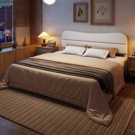 Furnulem - Bed Frame With Teddy Velvet Soft Curved Headboard Platform Bed With Wooden Slats Support - White