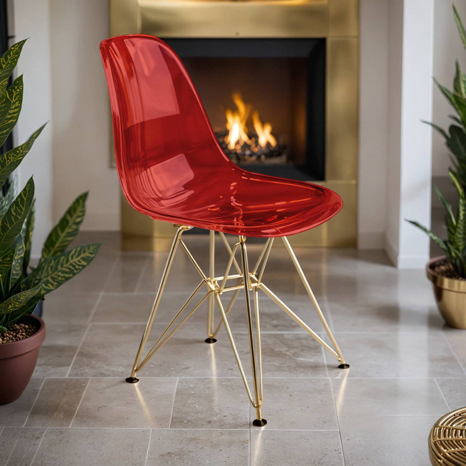 Left. LeisureMod - Cresco 2-Pieces Acrylic Dining Chair with Curved Seat and Durable Gold Metal Legs - Transparent Red.
