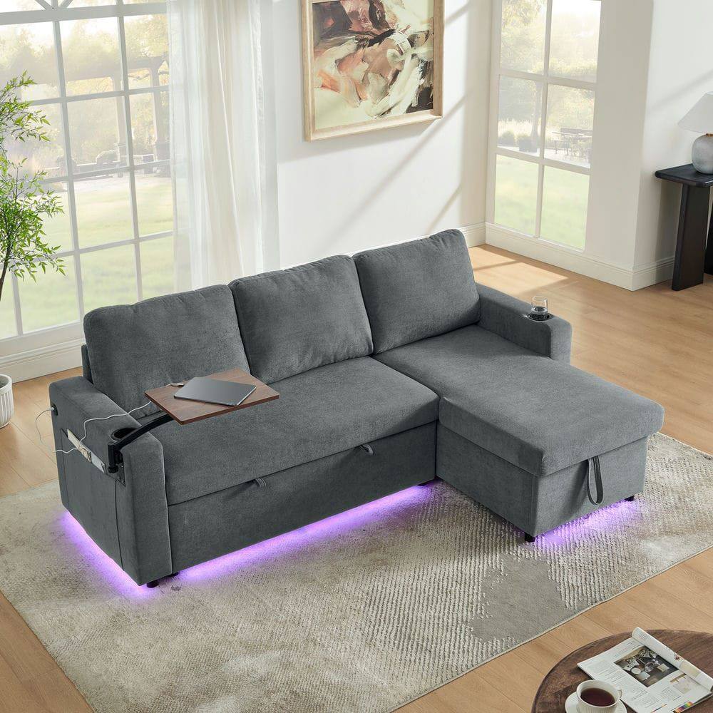 Alt View 1. Kadyn - Multi-Functional Chenille Sleeper Sofa, Retractable Table, LED Lights, USB Ports and Cup Holders, Gray - Gray.