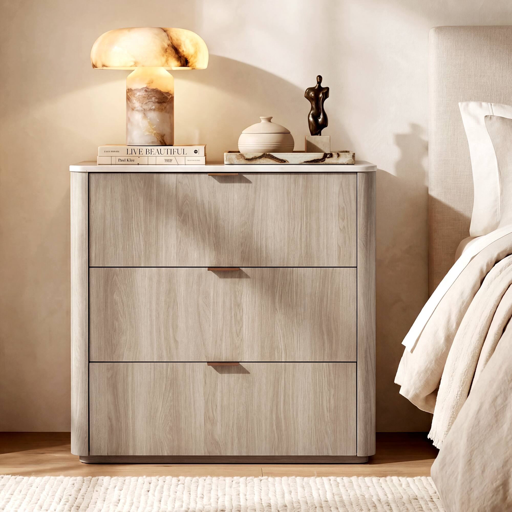 ModernMate - 31.5"W 3 Drawers Dresser Modern Faux Travertine Dresser Chest for Bedroom Living Room - Natural Grey