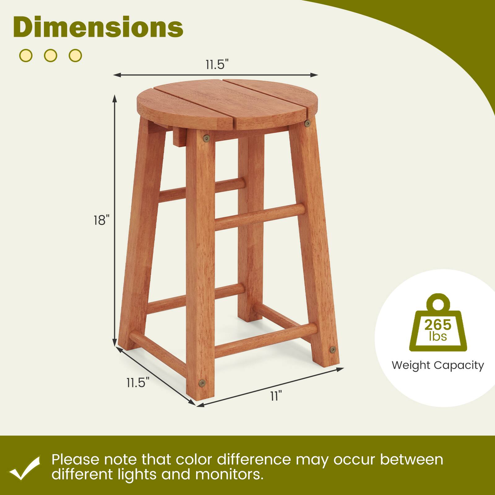 Dimensions: 11.5" x 18" x 11.5"  
Weight Capacity: 265 lbs  

Please note that color difference may occur between different lights and monitors.