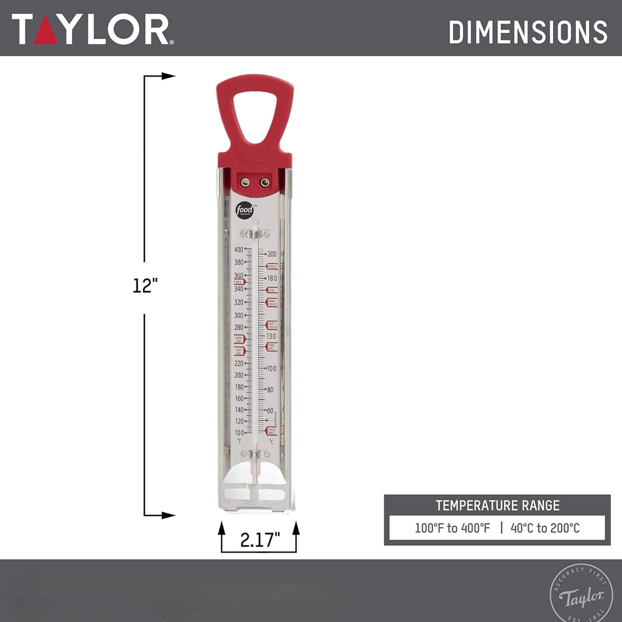 TAYLOR

DIMENSIONS
food
1 400 380 200
I 12" DAE 340 320 180 DE Caie 300 280 E 130 H 220 200 180 160 100 80 140 00 100 7 60
1 2.17" TEMPERATURE RANGE 100F to 400F I 40C to 200C
ACCURACY FIRST Taylor s 48S1