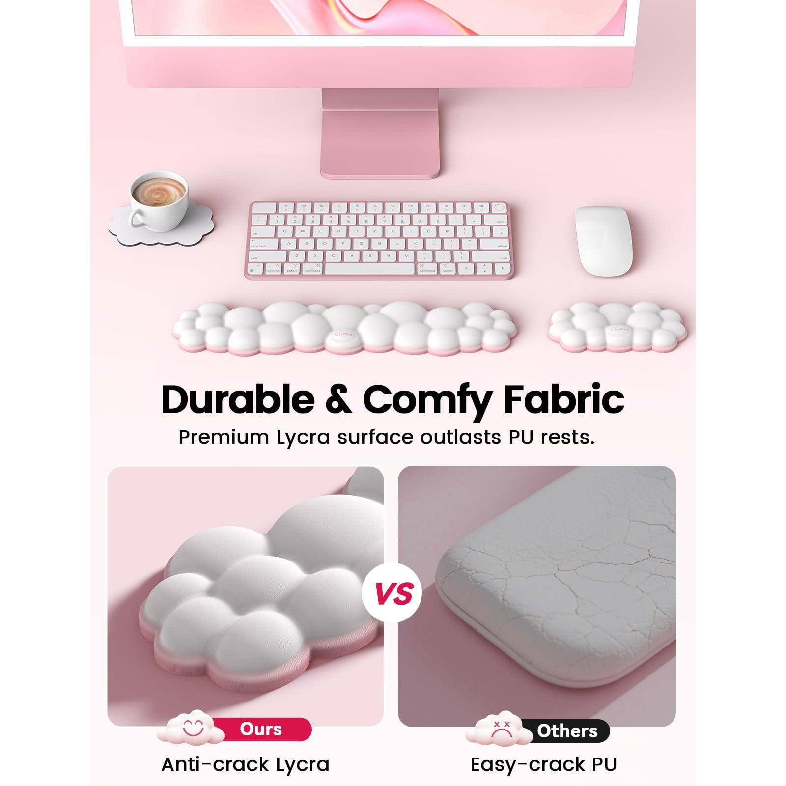 Durable & Comfy Fabric  
Premium Lycra surface outlasts PU rests.  

Ours  
Anti-crack Lycra  

Others  
Easy-crack PU