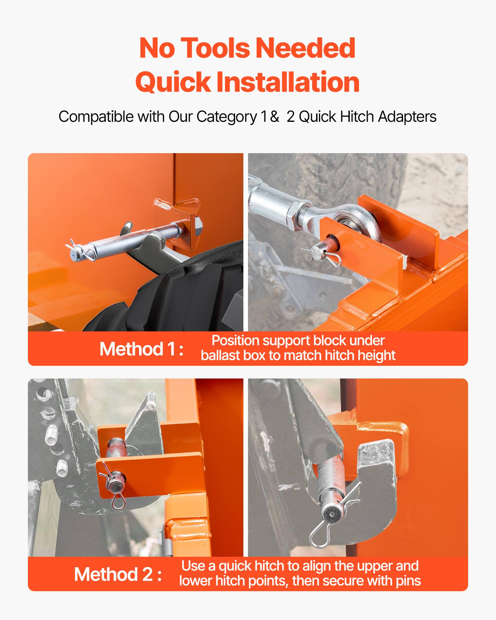 No Tools Needed Quick Installation  
Compatible with Our Category 1 & 2 Quick Hitch Adapters  

Method 1:  
Position support block under ballast box to match hitch height  

Method 2:  
Use a quick hitch to align the upper and lower hitch points, then secure with pins