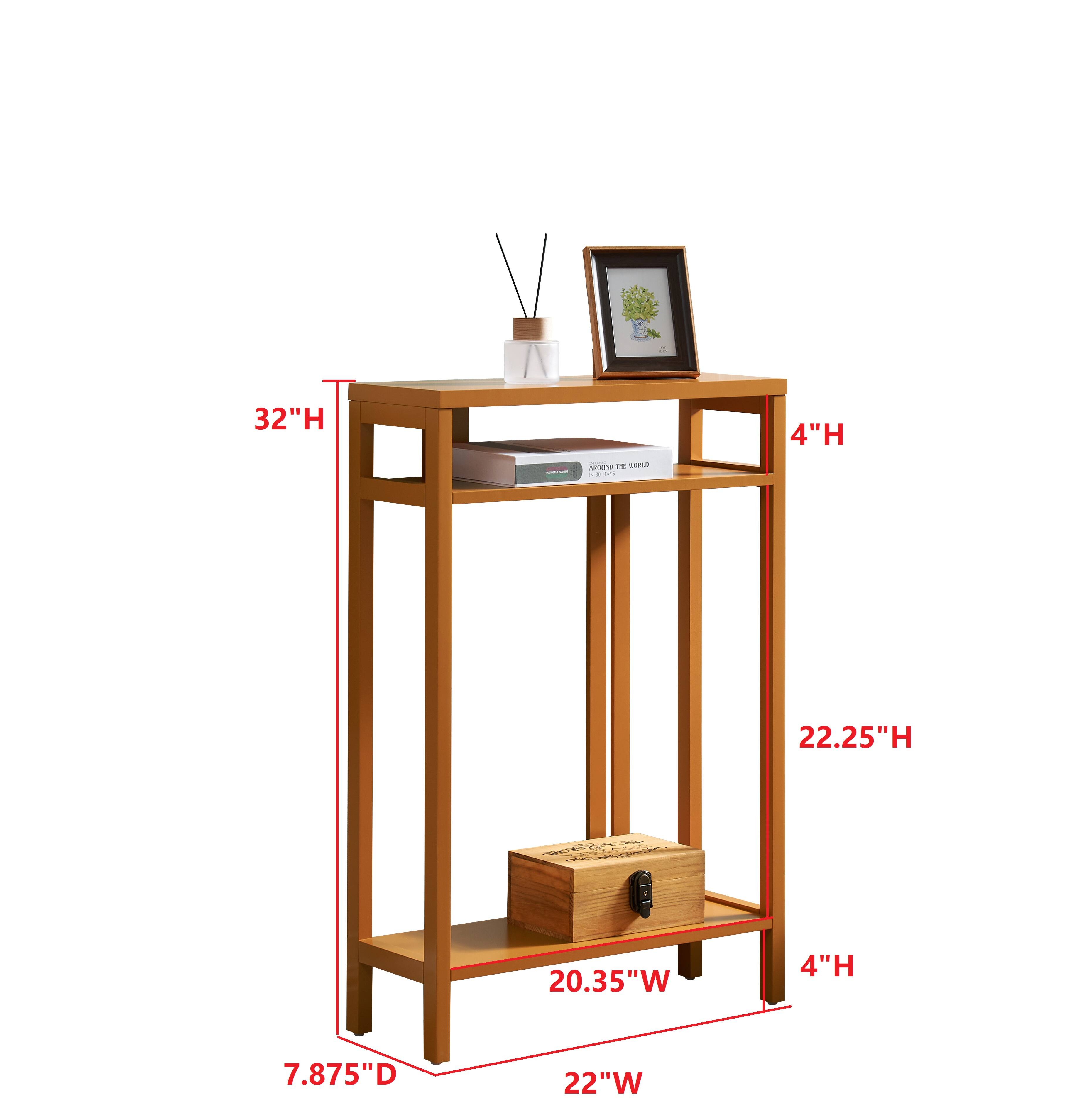 - Height: 32"
- Depth: 7.875"
- Width: 22"
- Top Shelf Height: 4"
- Middle Shelf Height: 22.25"
- Bottom Shelf Height: 4"
- Bottom Shelf Width: 20.35"