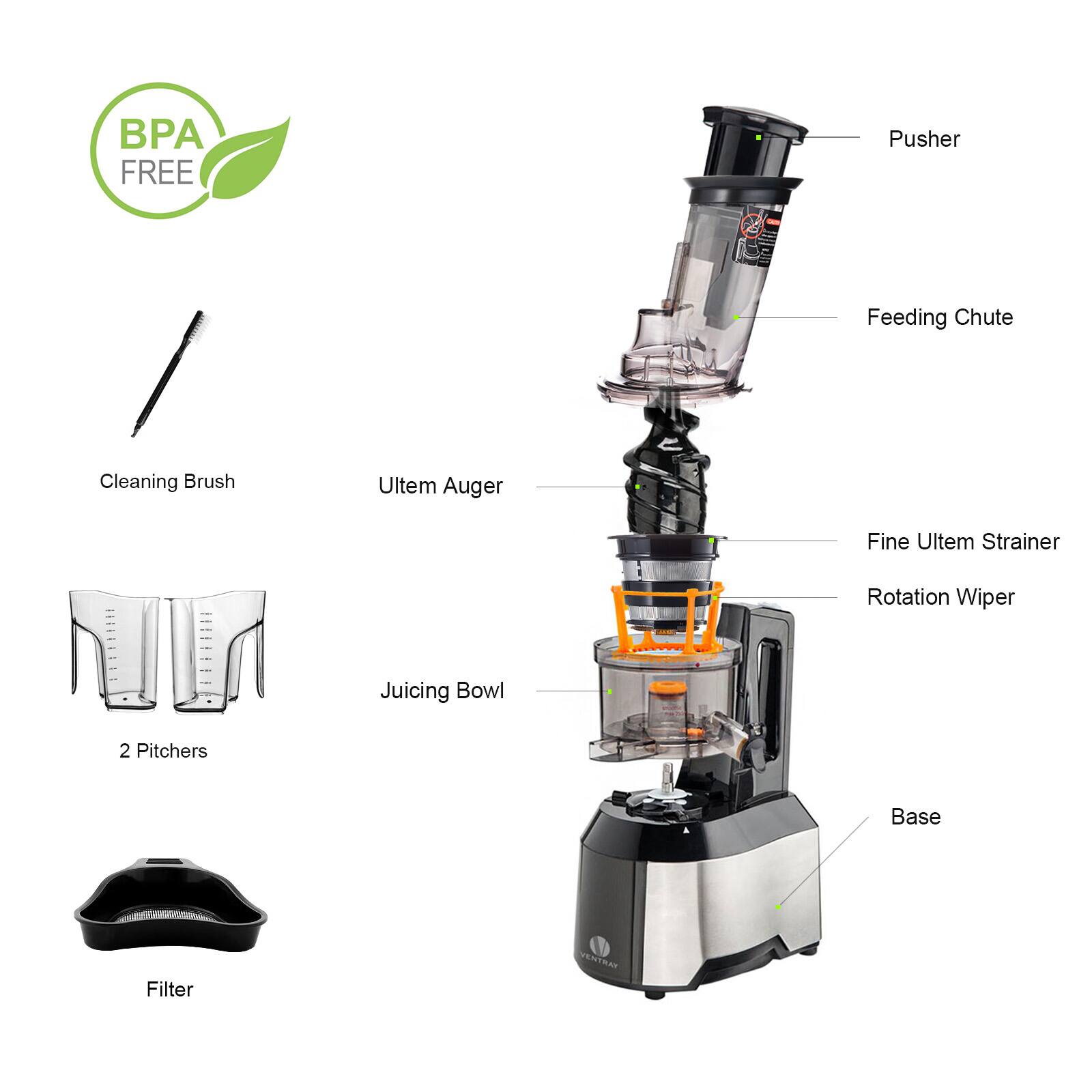 BPA FREE Pusher - Feeding Chute Cleaning Brush Ultem Auger Fine Ultem Strainer Rotation Wiper - Juicing Bowl 2 Pitchers Base Filter