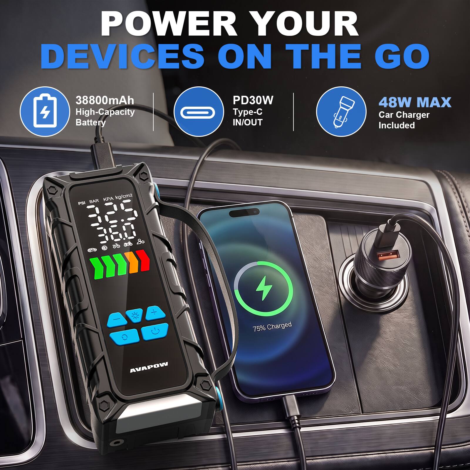 POWER YOUR DEVICES ON THE GO

38800mAh High-Capacity Battery

PD30W Type-C IN/OUT

48W MAX Car Charger Included

BAR  kg/cm2 PSI 325

75% Charged

AVAPOW