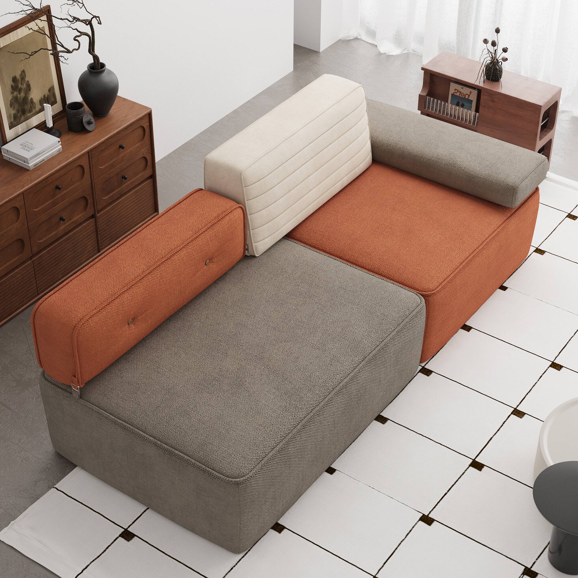 Left. luck idea - 79.9" Modular Color-Block Sofa, Flannel Fabric, Removable & Washable Design - Orange.