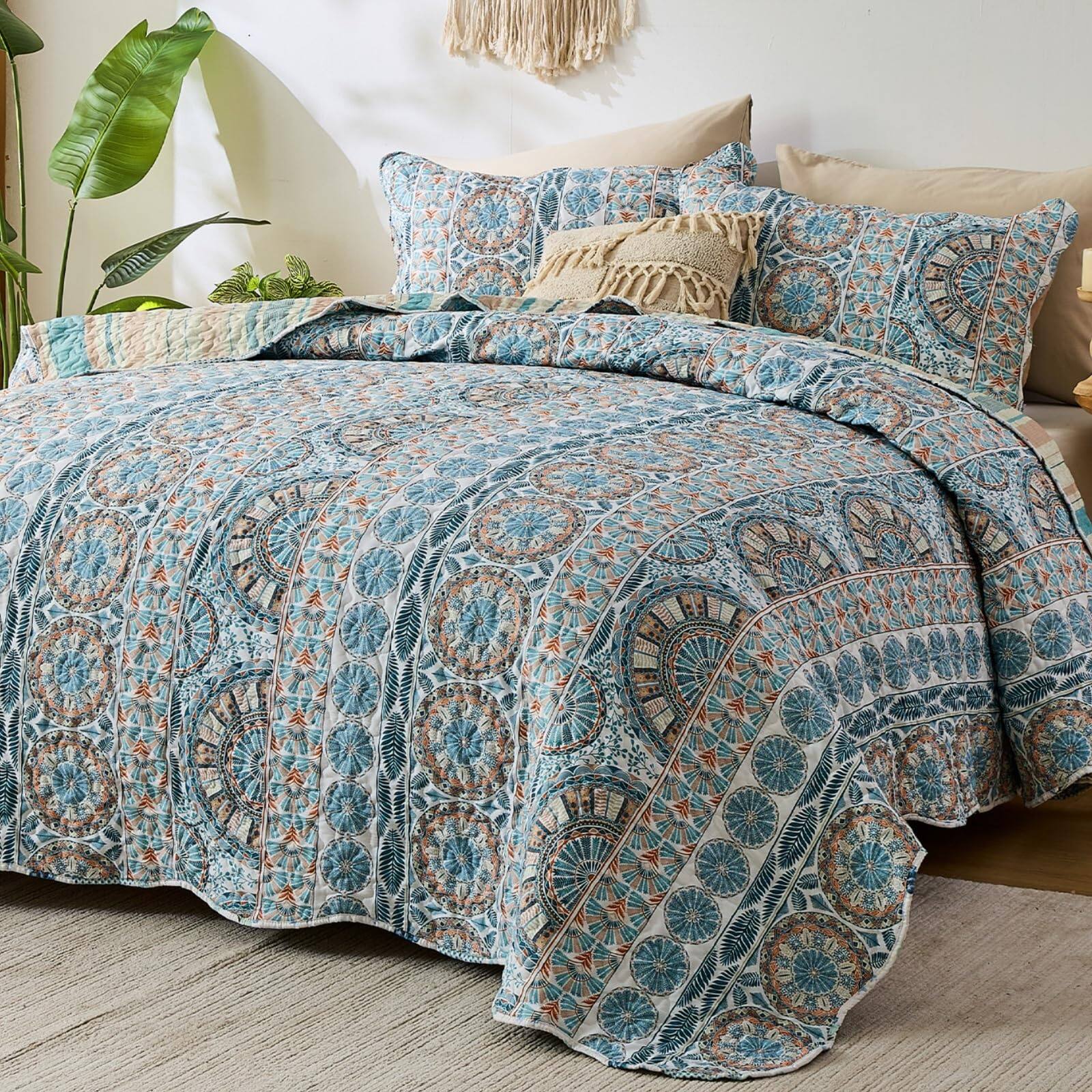 Earthley Blooms - Quilt Bedding Set Striped Reversible Boho Sets Lightweight Microfiber Oversized Bedspread Coverlet For All - Blue-King/Cal King