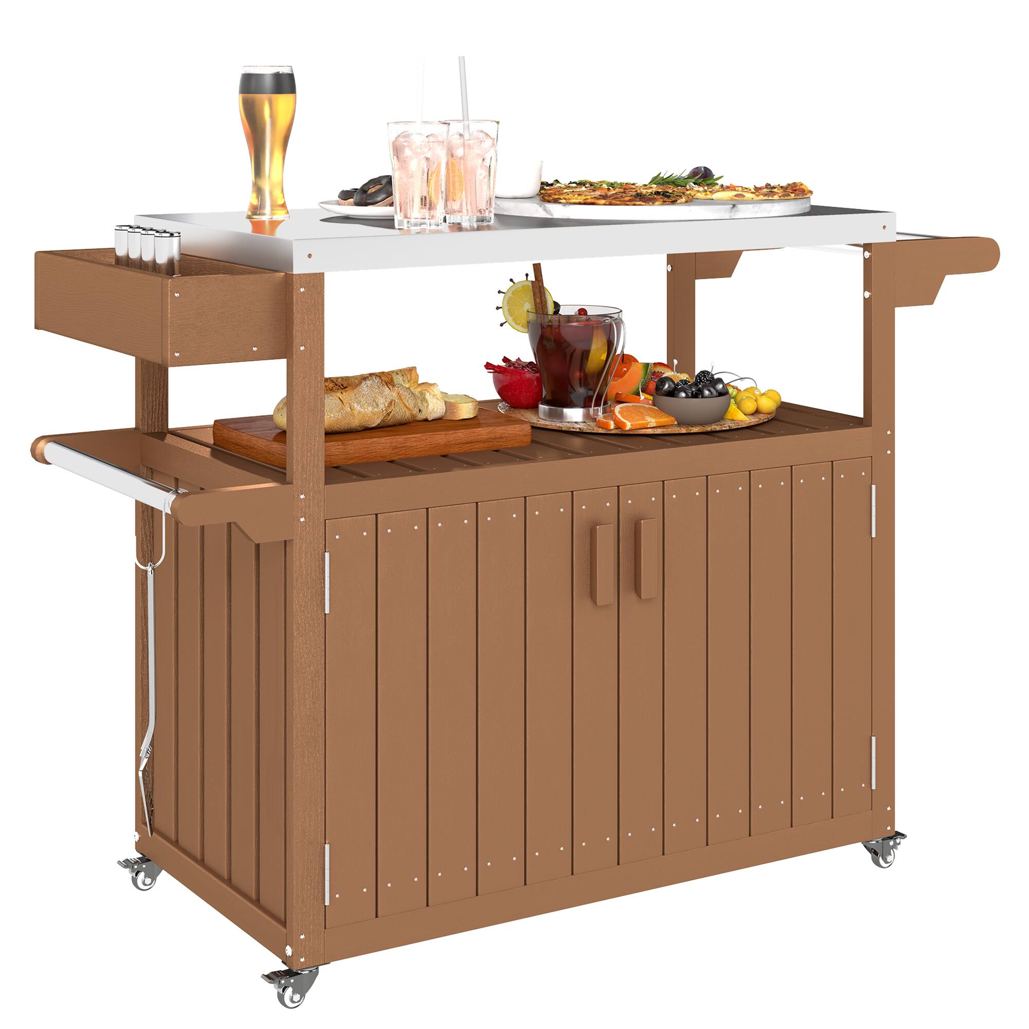 Front. Outsunny - Outdoor Bar Cart with Storage Cabinet, Stainless Steel Top Kitchen Island on Wheels, HDPE Outdoor Bar Table - Brown.