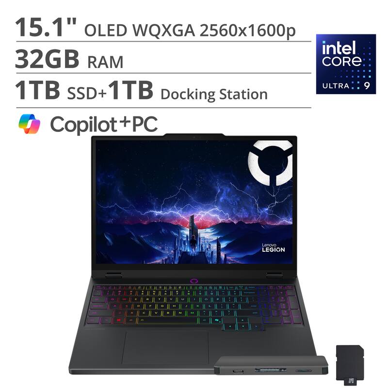 15.1" OLED WQXGA 2560x1600p  
32GB RAM  
1TB SSD + 1TB Docking Station  
Intel Core Ultra 9  
Copilot + PC  
Lenovo Legion