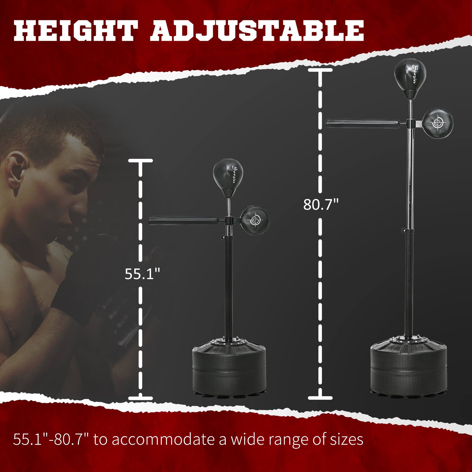 HEIGHT ADJUSTABLE

55.1" - 80.7" to accommodate a wide range of sizes