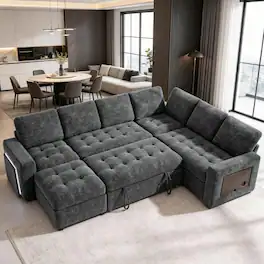 Dyonery - 5-Seat Modular Sectional Sleeper Sofa Bed with Pull Out Bed/Reclining Backrest/USB Ports/Storage Seat, L-Shaped Sofa. - Gray