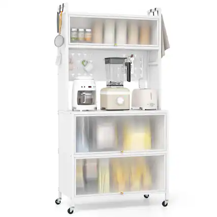 Front. Costway - Costway 5 Tier Kitchen Bakers Rack Flip Door Cabinets Pegboard & Hooks White - White.
