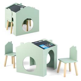 Costway - 3 Piece Kids Wooden Table and Chair Set with board for Drawing Reading - Green