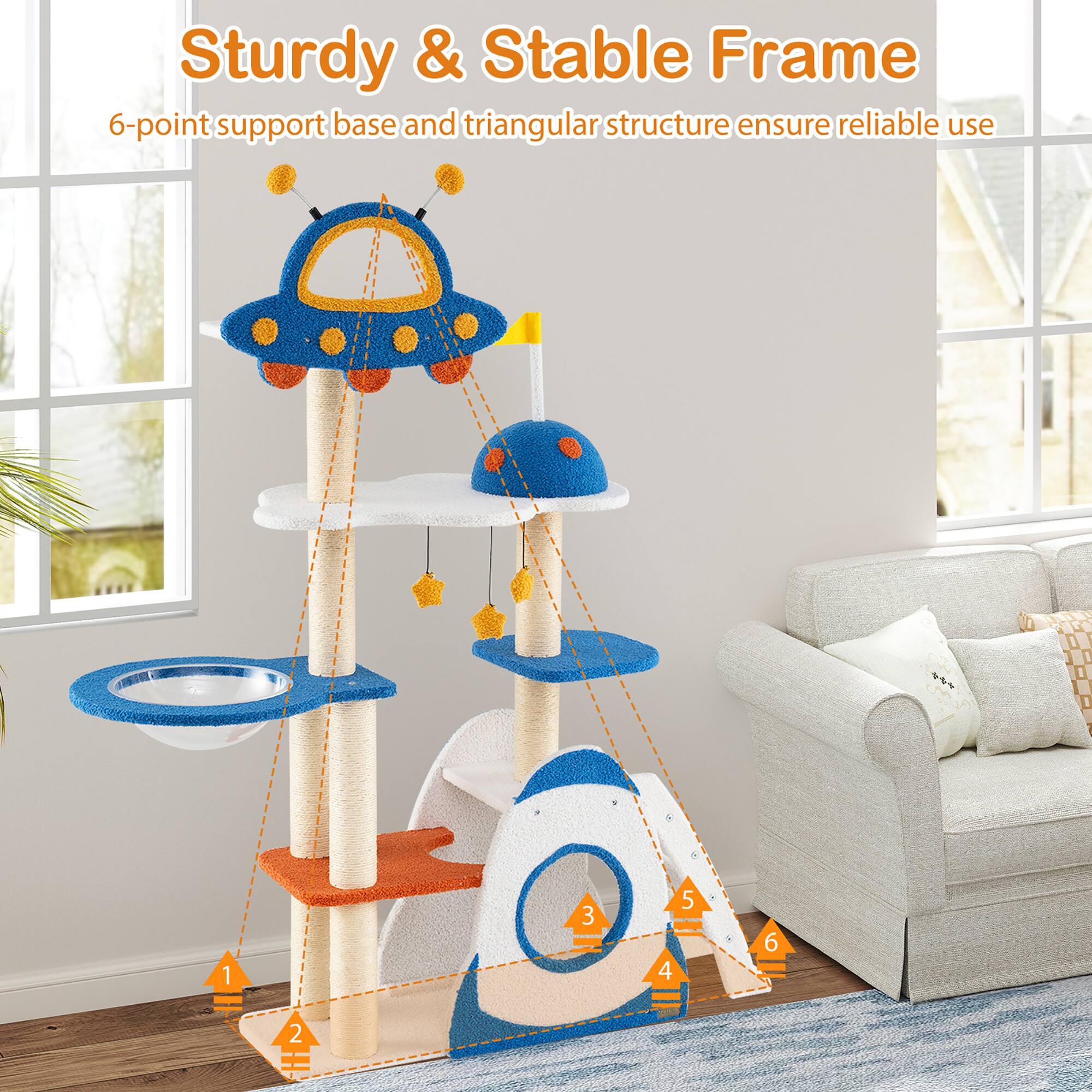 Sturdy & Stable Frame  
6-point support base and triangular structure ensure reliable use