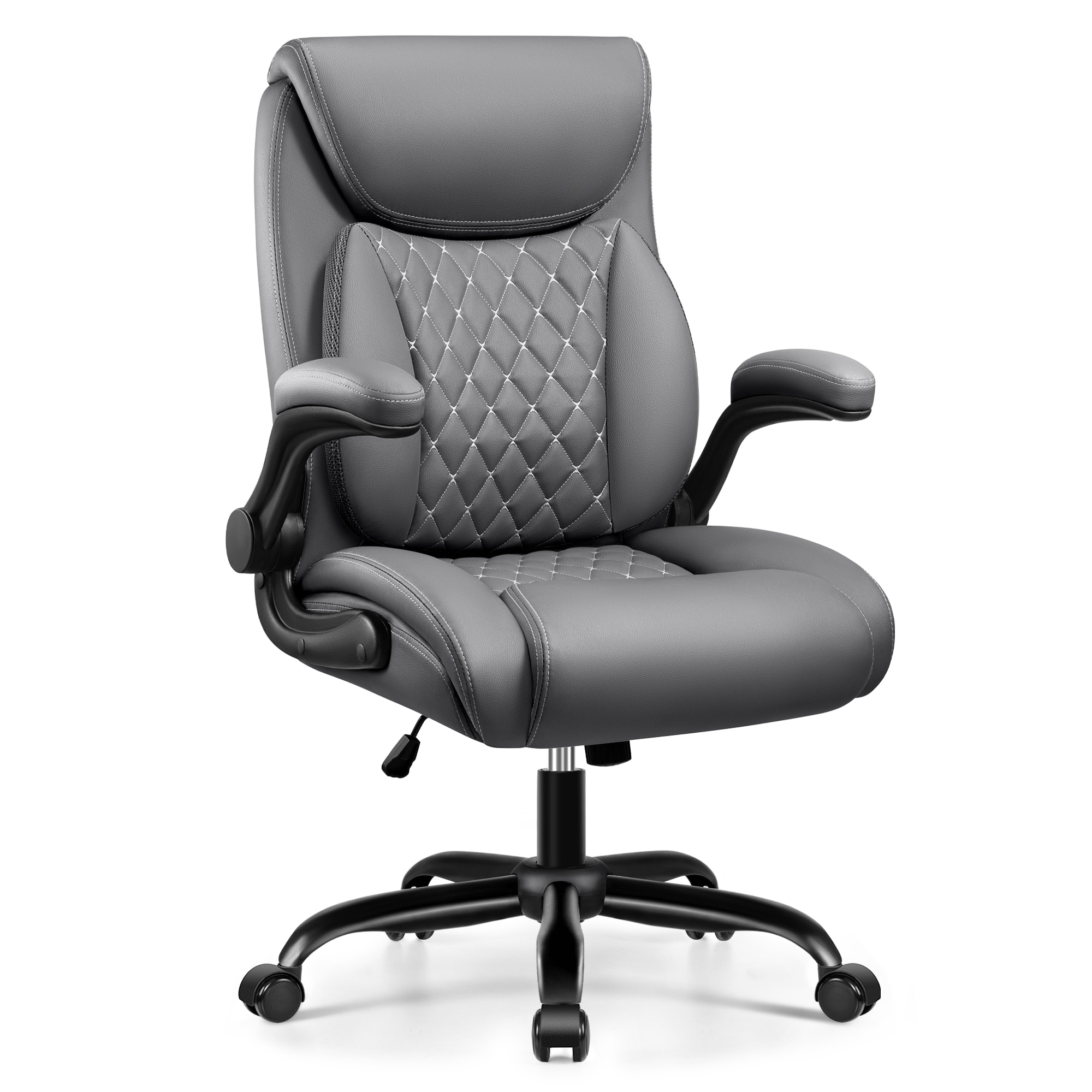 Brick Attic - Ergonomic Office Chair with Lumbar Support for Lower Back Pain Relief, Executive Leather Chair with Padded Flip-up Arms - Gray