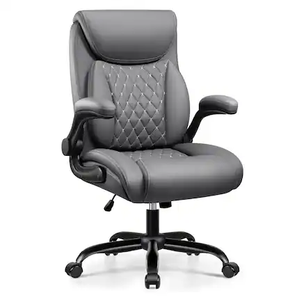 Front. Brick Attic - Ergonomic Office Chair with Lumbar Support for Lower Back Pain Relief, Executive Leather Chair with Padded Flip-up Arms - Grey.