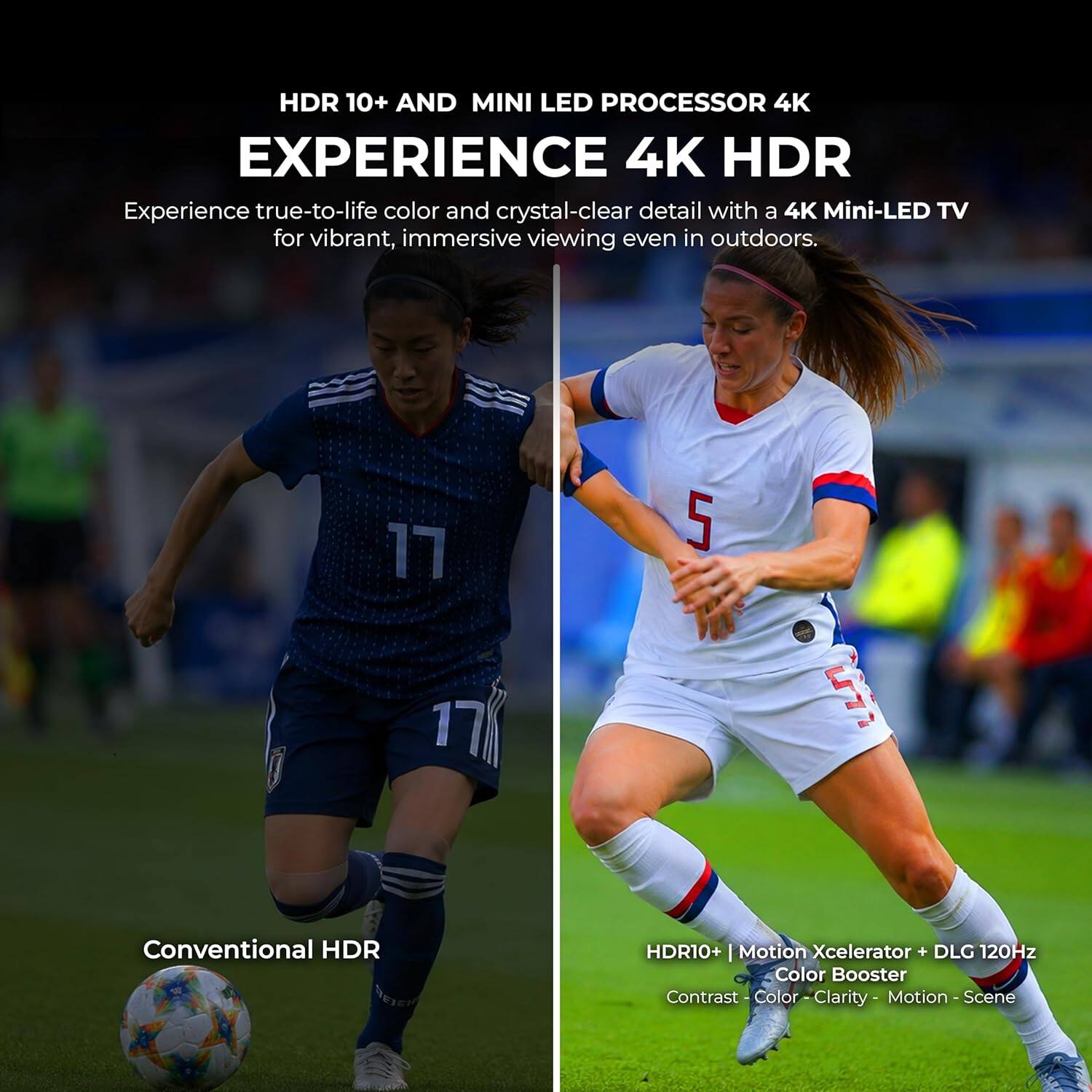 HDR 10+ AND MINI LED PROCESSOR 4K  
EXPERIENCE 4K HDR  
Experience true-to-life color and crystal-clear detail with a 4K Mini-LED TV for vibrant, immersive viewing even in outdoors.  

Conventional HDR  

HDR10+ | Motion Xcelerator + DLG 120Hz  
Color Booster  
Contrast - Color - Clarity - Motion - Scene
