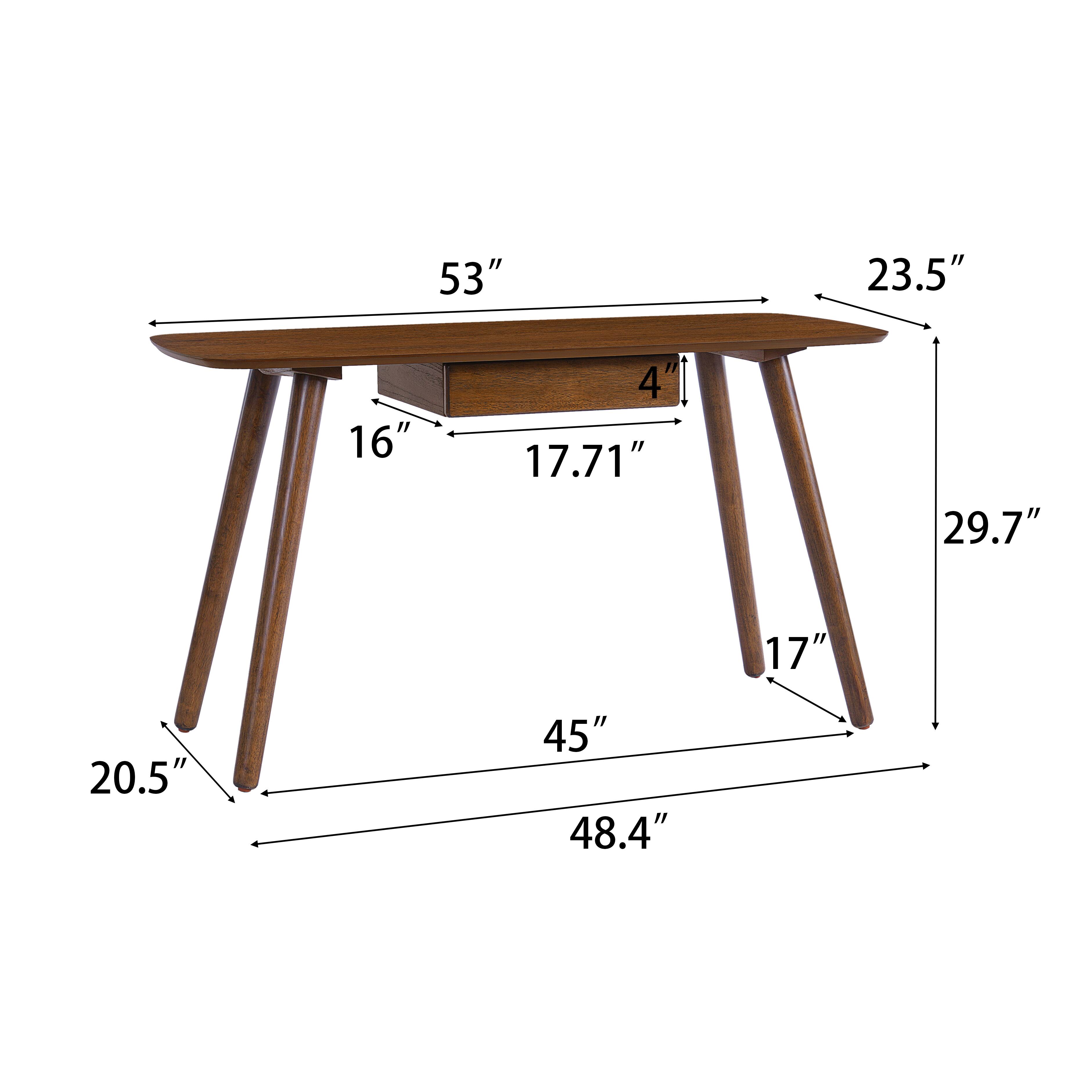 53" (length)  
23.5" (width)  
4" (height of drawer)  
16" (depth of drawer)  
17.71" (depth of table)  
29.7" (height of table)  
17" (width of leg)  
20.5" (width of base)  
45" (width of base)  
48.4" (length of base)
