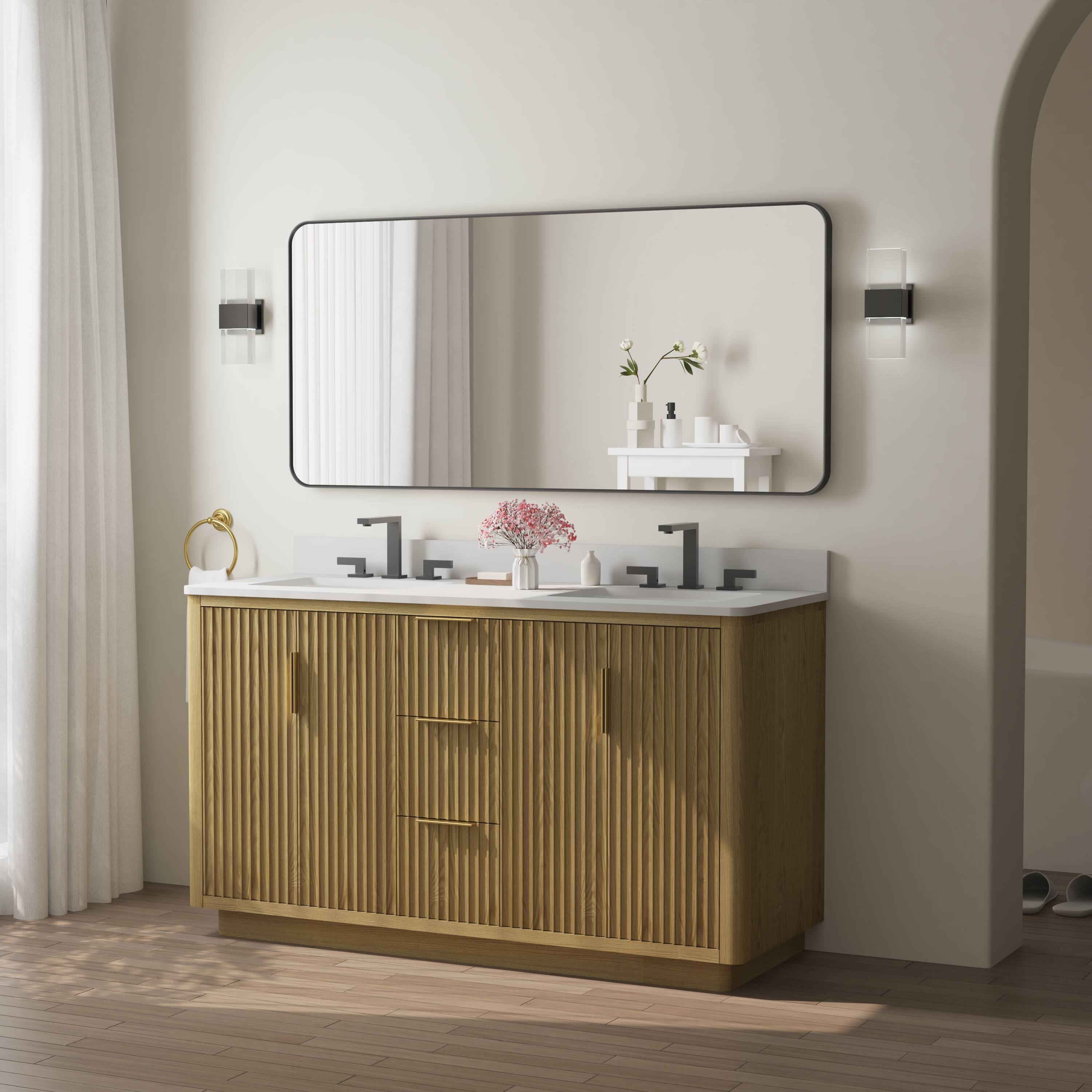 Back. WELLFOR - 60 in. W. x 28 in. H Rectangular Aluminum Framed Wall-Mounted Bathroom Vanity Mirror - Matte Black.