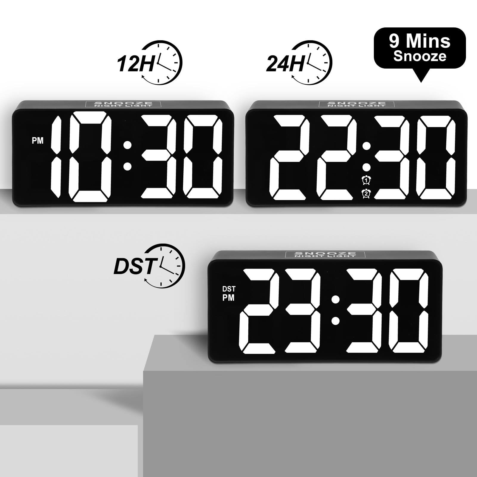 9 Mins Snooze  
12H 24H  
SNOOZE NIGHT LIGHT  
PM 10:30 22:30  
DST PM 23:30