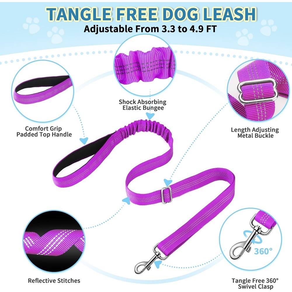 TANGLE FREE DOG LEASH  
Adjustable From 3.3 to 4.9 FT  

- Comfort Grip Padded Top Handle  
- Shock Absorbing Elastic Bungee  
- Length Adjusting Metal Buckle  
- Reflective Stitches  
- Tangle Free 360° Swivel Clasp