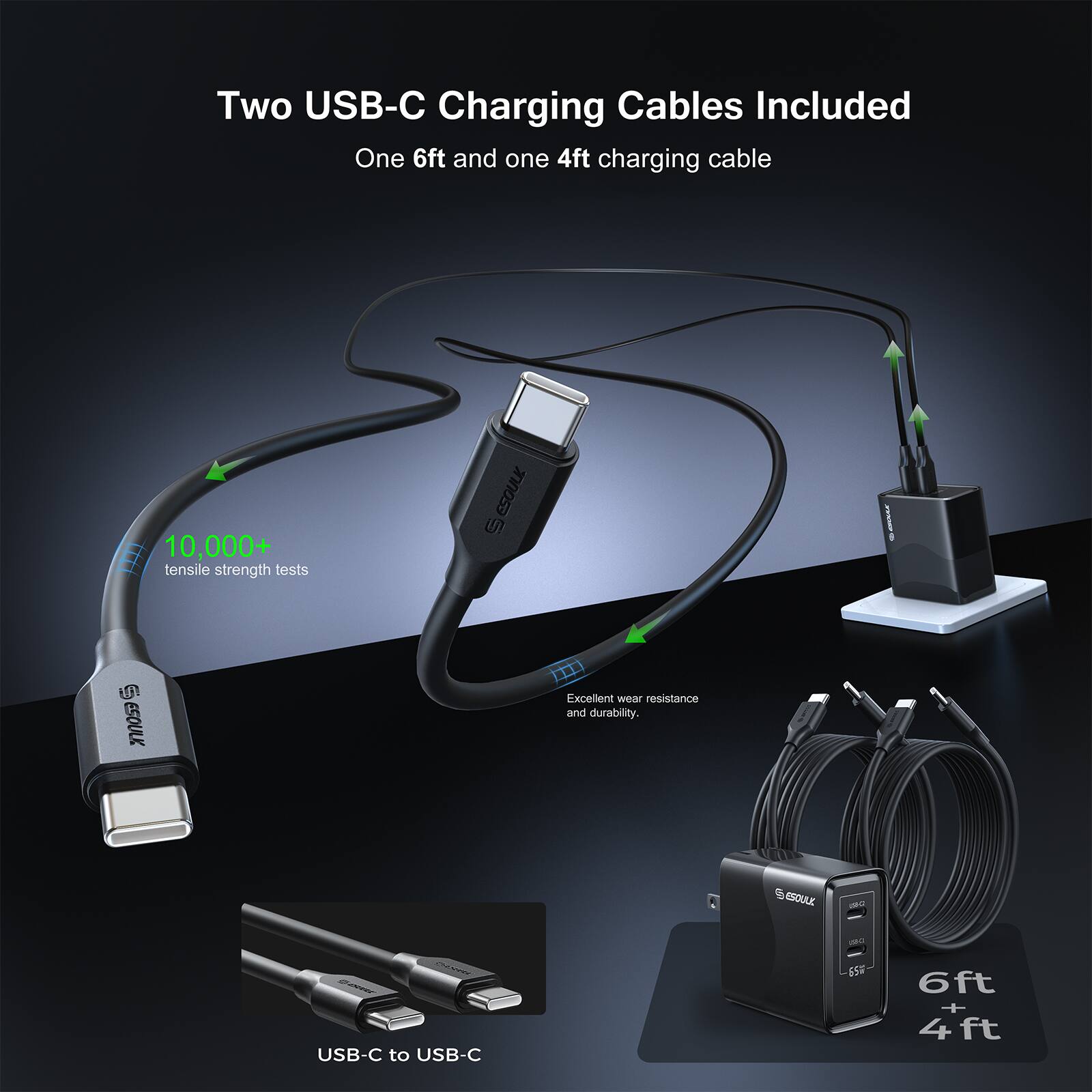 Two USB-C Charging Cables Included  
One 6ft and one 4ft charging cable  

10,000+ tensile strength tests  

Excellent wear resistance and durability.  

ESOULK USB-C to USB-C 6ft + 4ft