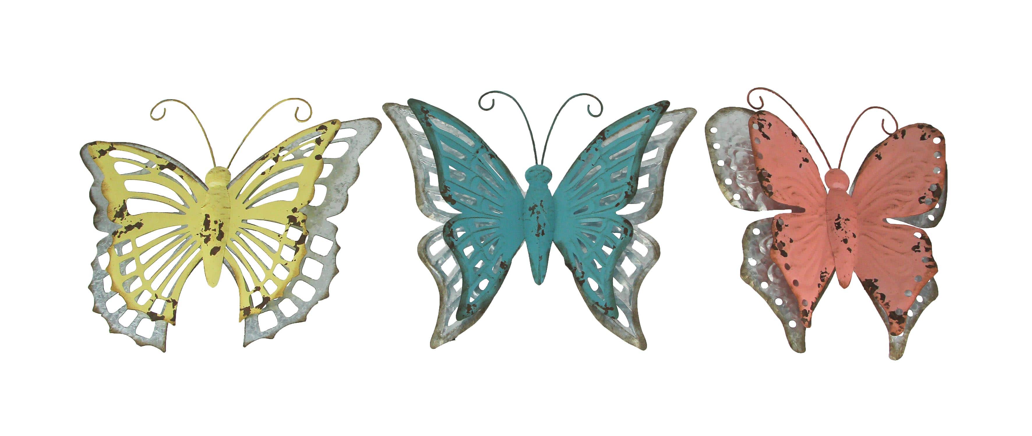 Zeckos - Set of 3 Distressed Finish Metal Butterfly Wall Hangings Galvanized Zinc Accents - Multicolored