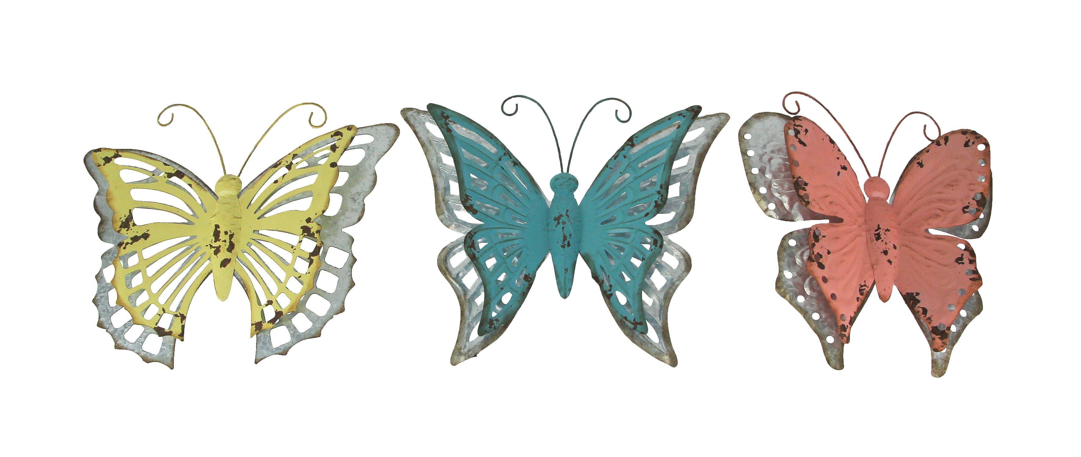 Front. Zeckos - Set of 3 Distressed Finish Metal Butterfly Wall Hangings Galvanized Zinc Accents - Multicolored.