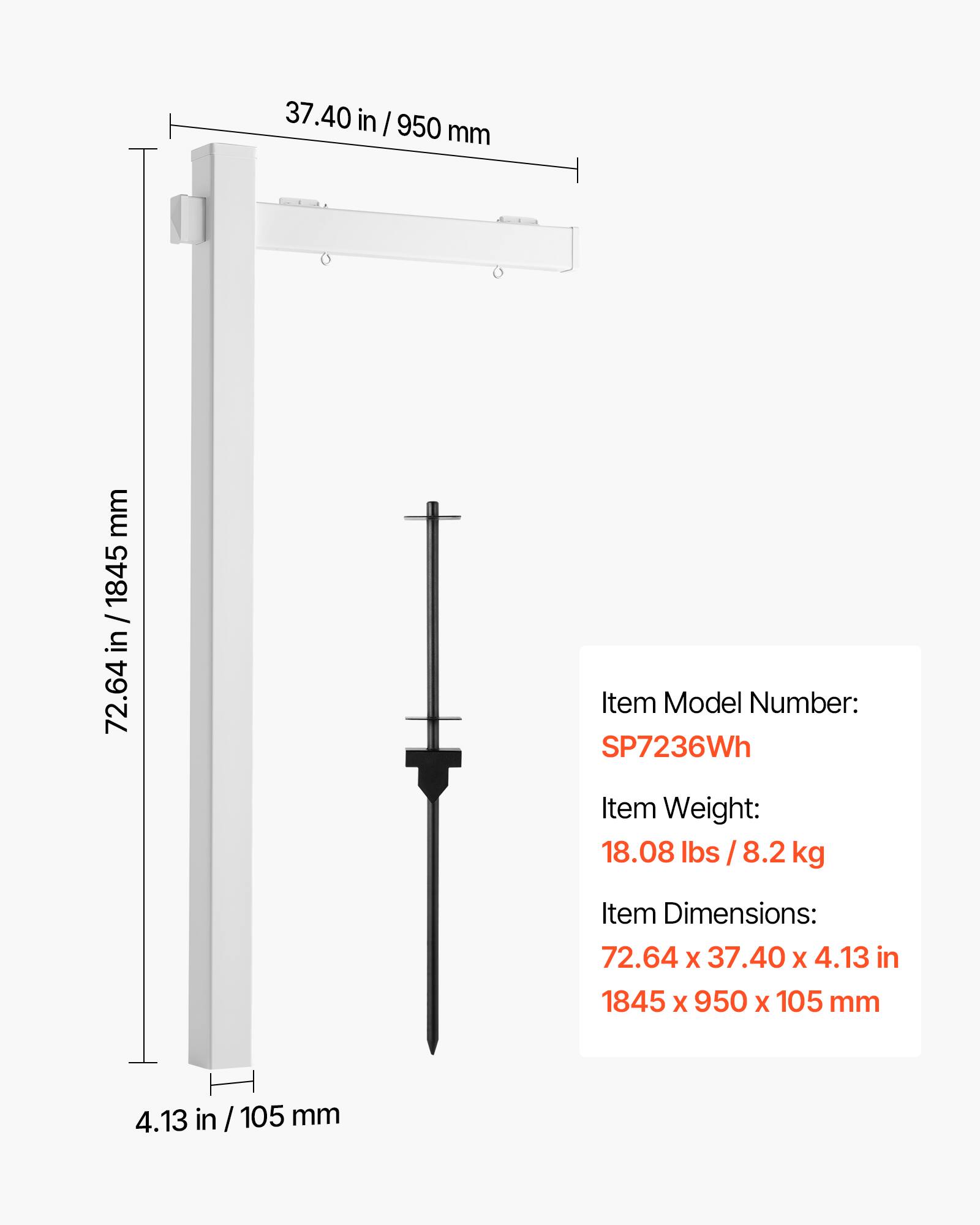 37.40 in / 950 mm  
72.64 in / 1845 mm  
4.13 in / 105 mm  

Item Model Number: SP7236Wh  
Item Weight: 18.08 lbs / 8.2 kg  
Item Dimensions: 72.64 x 37.40 x 4.13 in / 1845 x 950 x 105 mm