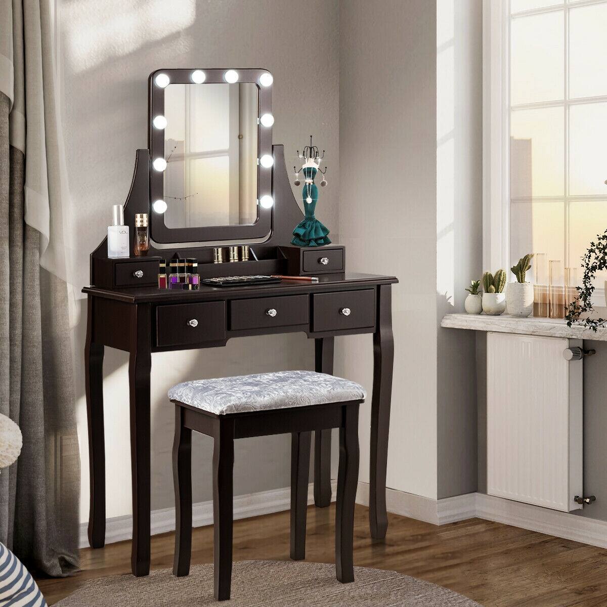 Alt View 10. Ecooso - 10-Bulb Lighted Vanity Desk Set with Adjustable Brightness and Upholstered Stool for Bedroom - Brown.