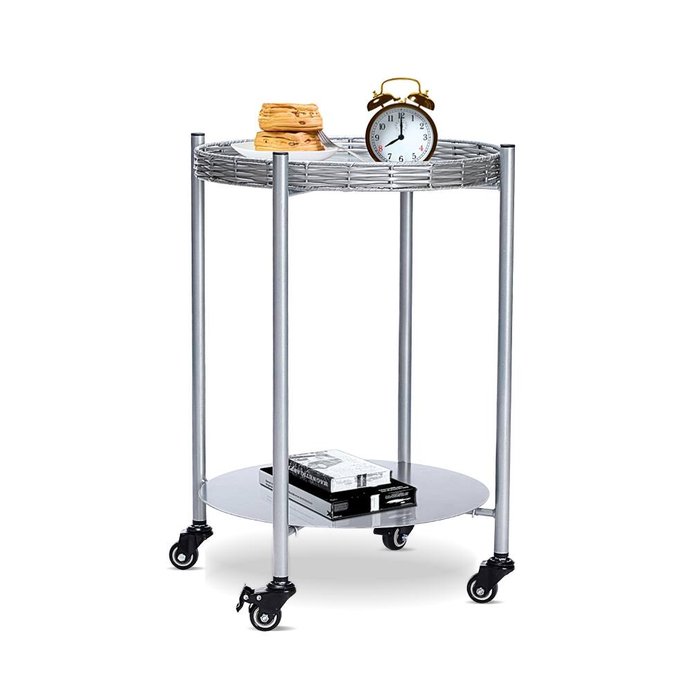 Alt View 7. Loheer - Loheer Round Coffee Table with Wheels 2-Tier Movable Metal Side Table Silver Rolling Nightstand for Living Room Bedroom - Silver.