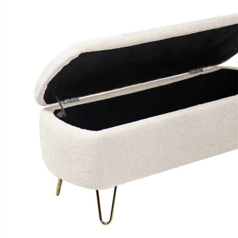 Back. HTUTWOO - Storage Ottoman Bench for Bedroom - Faux Fur Upholstered Bench with Gold Legs, Padded Storage Bench for Living Room - Ivory.