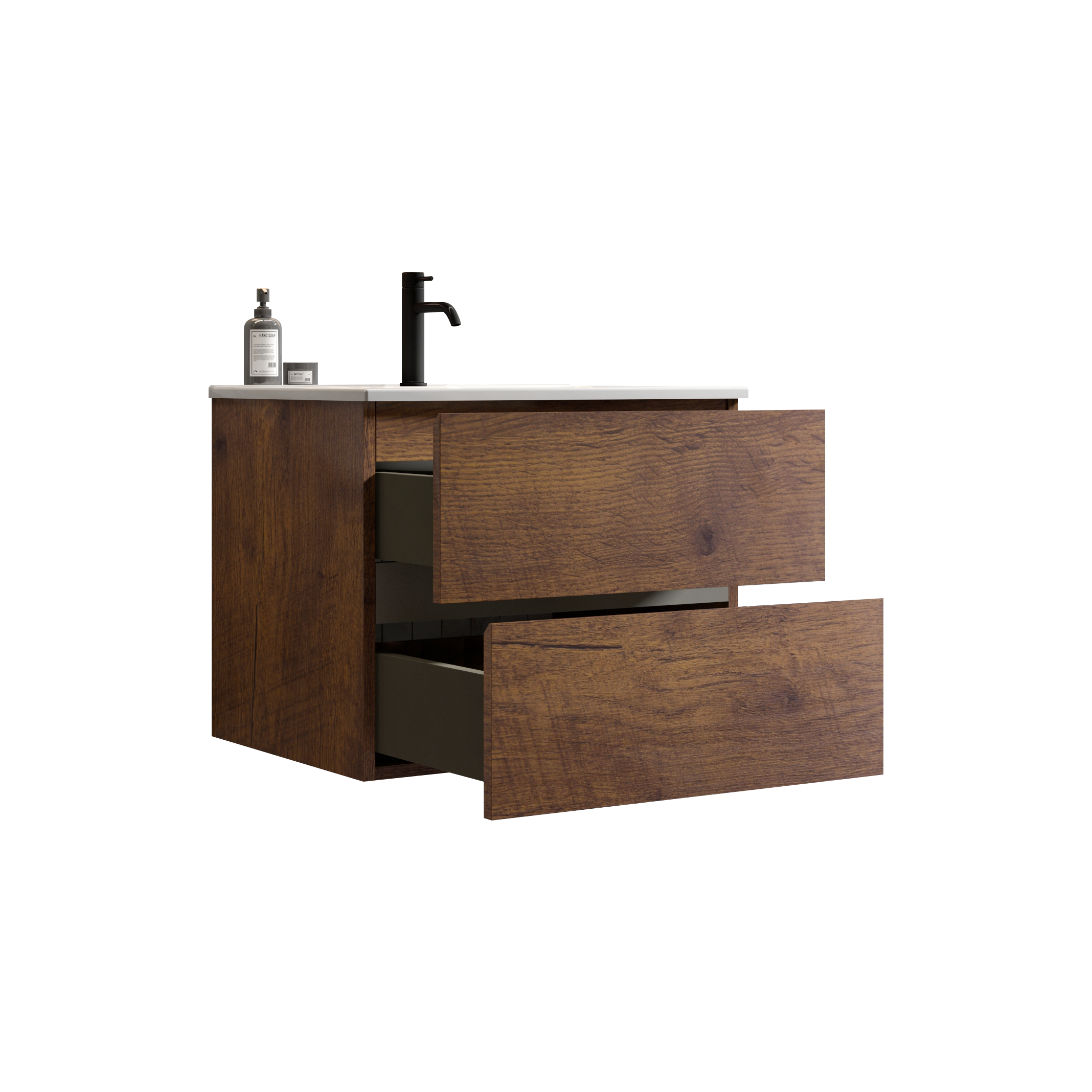 Alt View 3. Boyel Living - 24 Inch Walnut Bathroom Vanity with Ceramic Sink, Large Storage, Floating Design, One-Piece Basin, Pre-Assembled - Walnut.