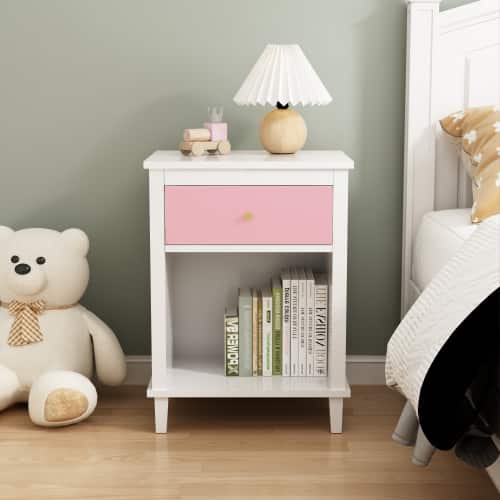 LUCKY ONE - 26.8" Assembled Wooden Nightstand 1-Drawer 1-Shelf for Kids Adults - Pink