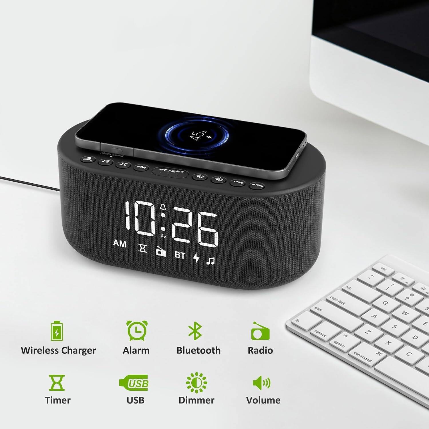 45%  
a X FM BT/ZZZ - TIME ALARM AM 10:26 X BT Wireless Charger Alarm Bluetooth Radio  
in  
ese - * R ! dot I * @ R capslock 2 lock Q shift 3 A W E S control Z the D option X command H C  
USB  
Timer  
USB  
Dimmer  
Volume