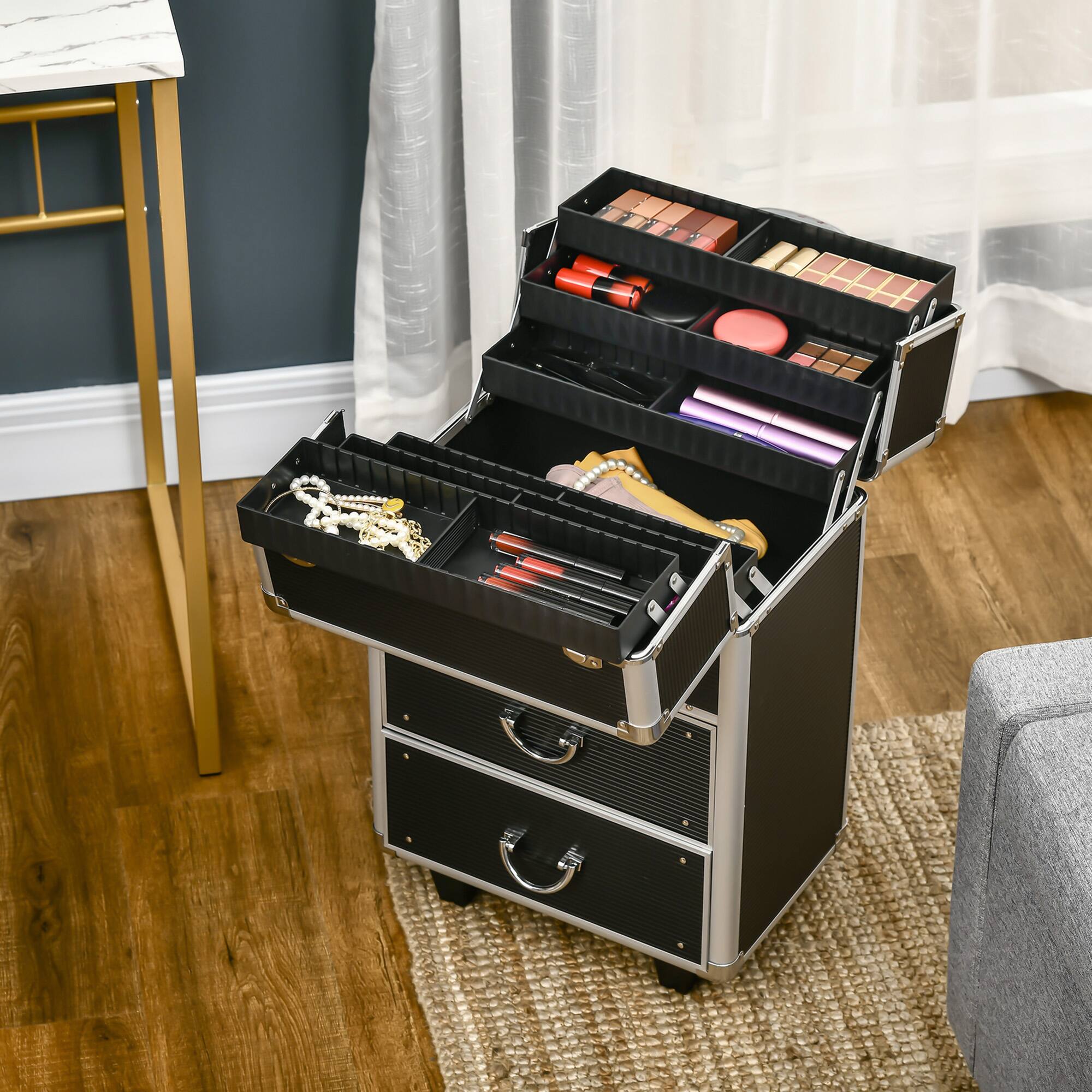 Alt View 7. Homcom - Rolling Makeup Train Case, Large Storage Cosmetic Trolley, Lockable Traveling Cart Trunk with Folding Trays.