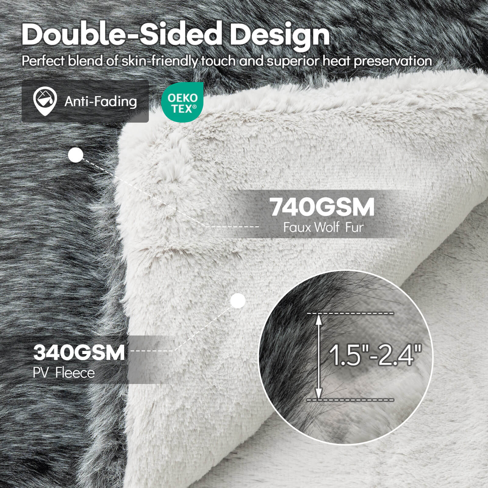 Double-Sided Design  
Perfect blend of skin-friendly touch and superior heat preservation  

Anti-Fading  
OEKO TEX  

740GSM  
Faux Wolf Fur  

340GSM  
PV Fleece  

1.5"-2.4"