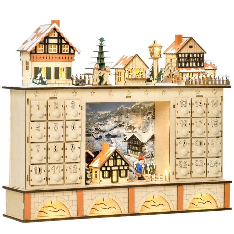 PULUZ - Christmas Advent Calendar, Light Up Table Xmas Wooden Store Holiday Decoration with Countdown Drawer, Village, for Kids - Natural Wood