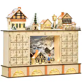 PULUZ - Christmas Advent Calendar, Light Up Table Xmas Wooden Store Holiday Decoration with Countdown Drawer, Village, for Kids - Natural Wood