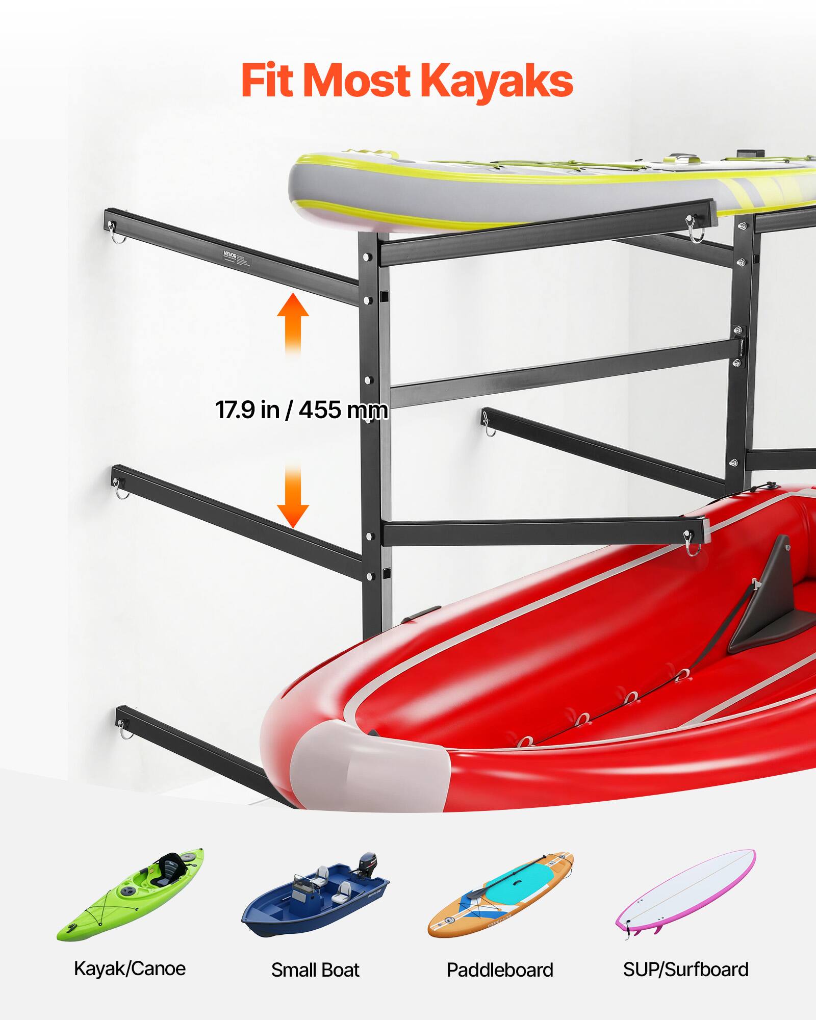 Fit Most Kayaks - 17.9 in / 455 mm

Kayak/Canoe  
Small Boat  
Paddleboard  
SUP/Surfboard