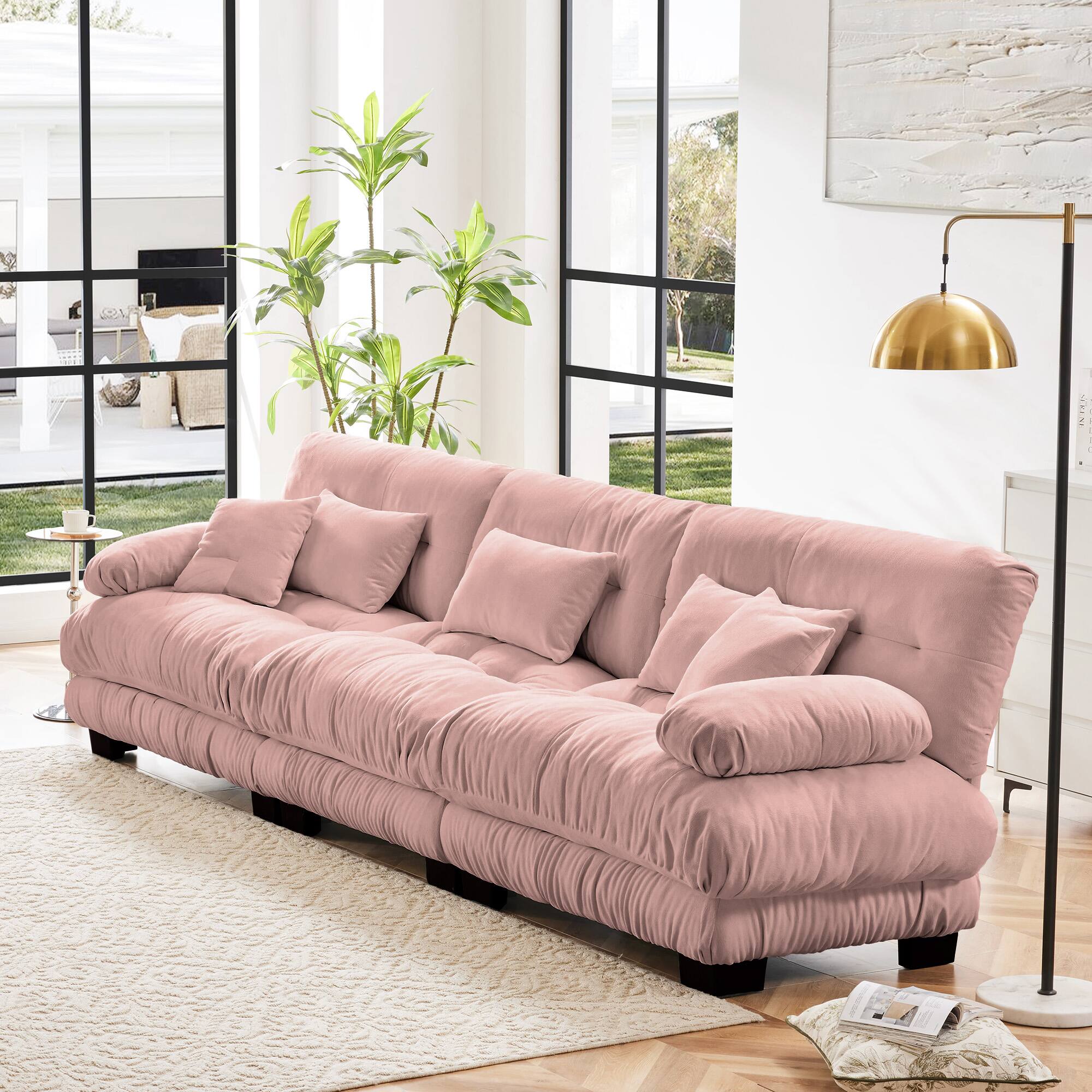 Angle. LOVMOR - 3 Seater Chenille Modular Sectional Couch Deep Seat Compressed Pack For Living Room Apartment Office Plush Den - Pink.