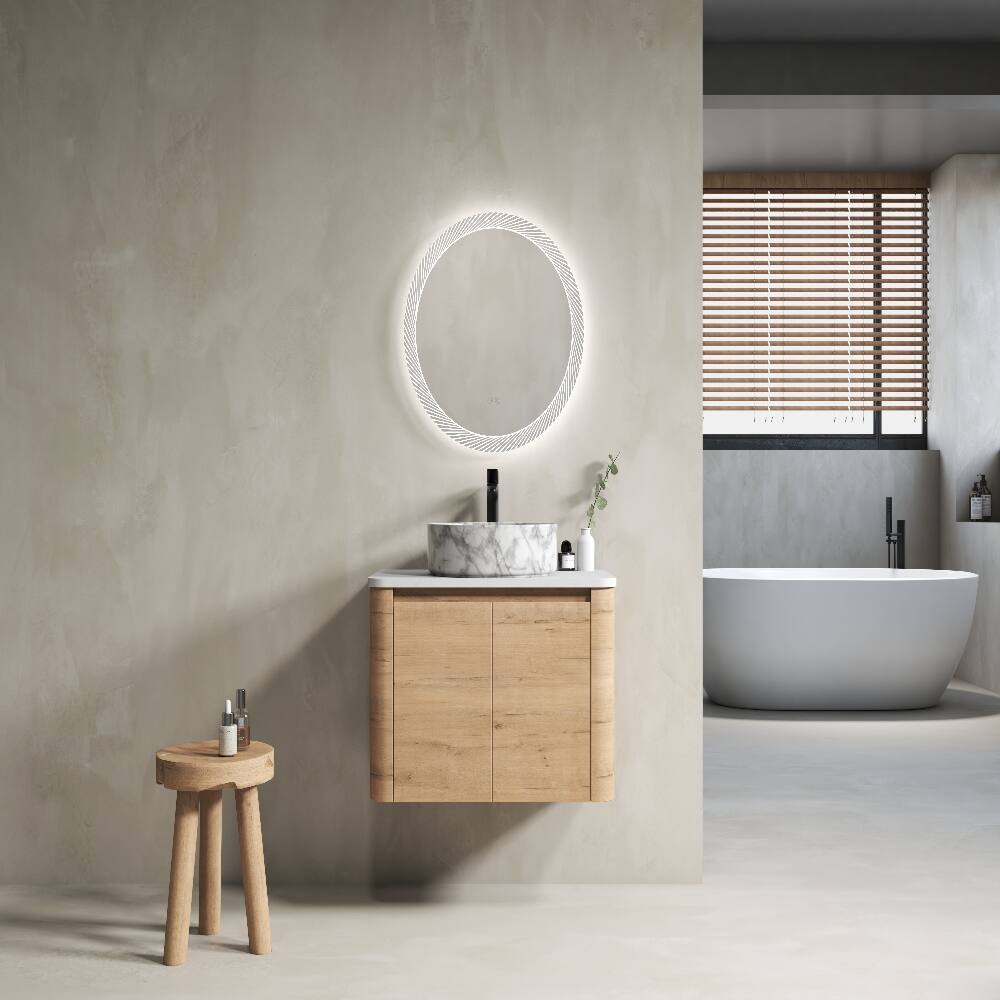 Angle. Loheer - Loheer 30 inch wall mounted bathroom vanity with ceramic vessel sink, modern bathroom vanity, Imitative Oak - Imitative Oak.