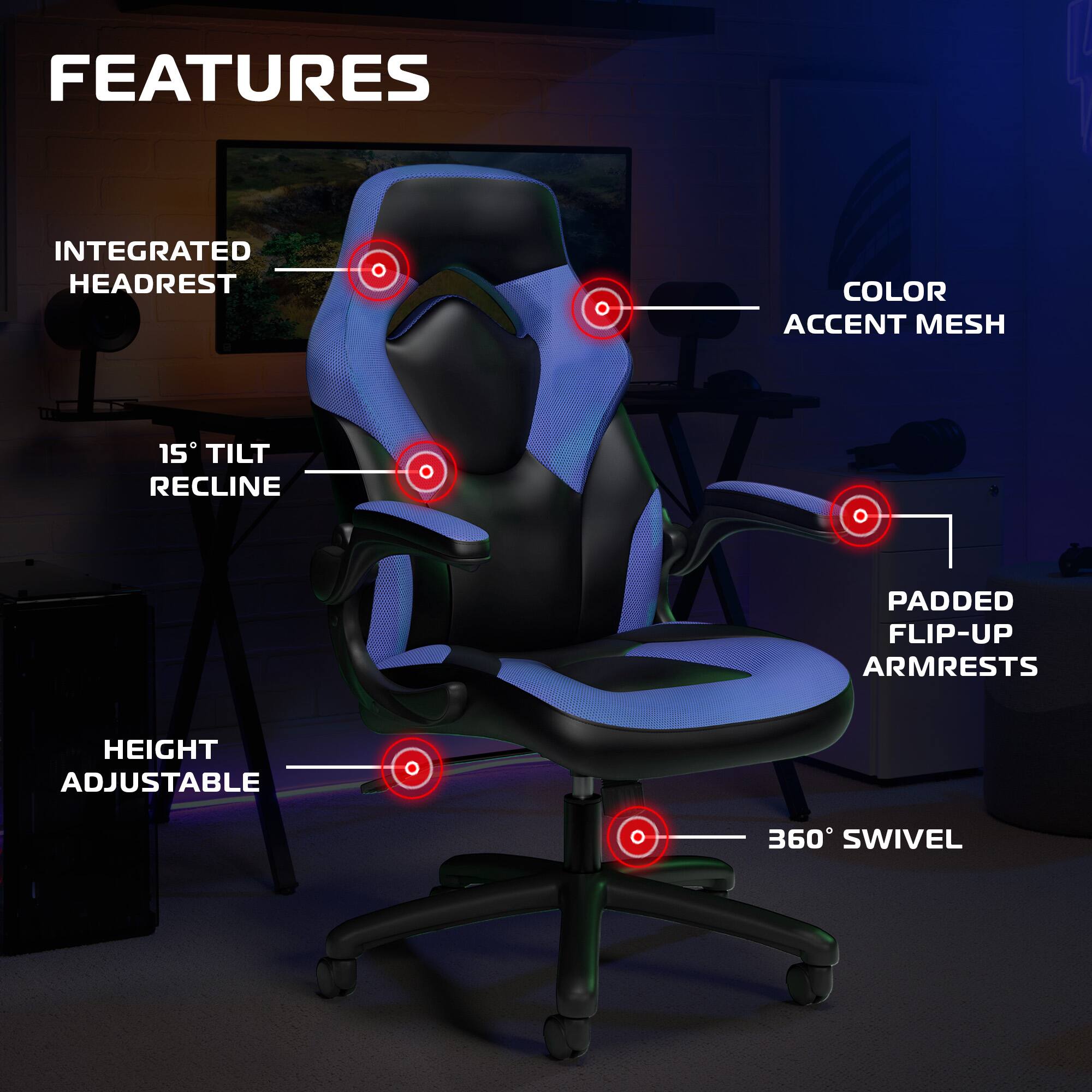 Sure, here is the corrected and grouped text from the image:

**FEATURES**

- **INTEGRATED HEADREST**
- **15° TILT RECLINE**
- **HEIGHT ADJUSTABLE**
- **360° SWIVEL**
- **COLOR ACCENT MESH**
- **PADDED FLIP-UP ARMRESTS**
