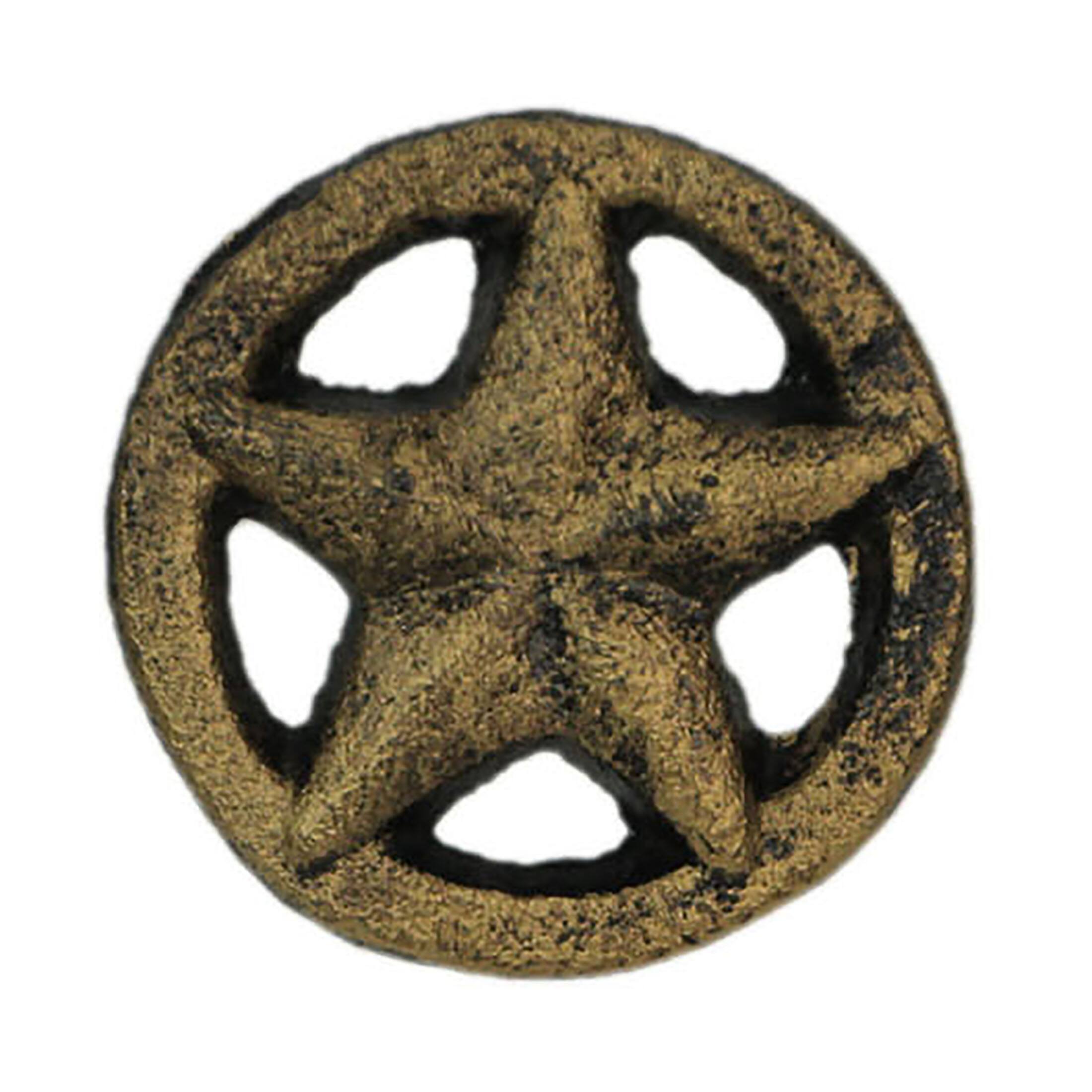 Front. Zeckos - Set of 12 Antique Gold Western Star Cast Iron Knobs - 2" - Drawer Pulls - Gold.