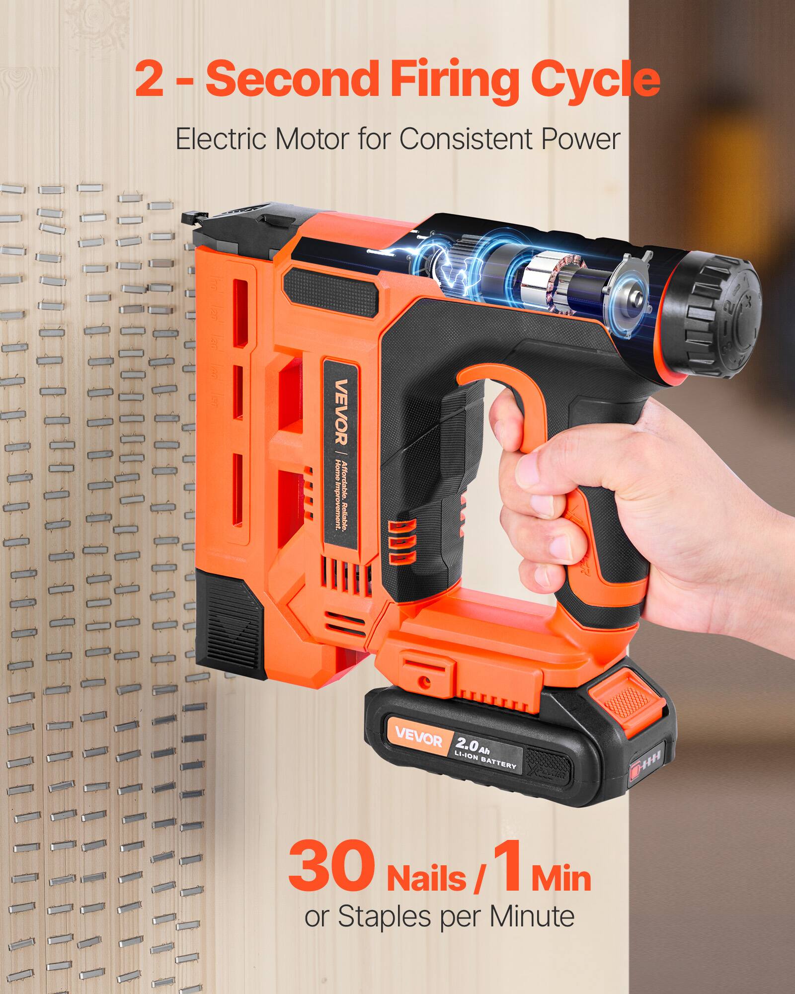 2 - Second Firing Cycle  
Electric Motor for Consistent Power  

VEVOR 2.0Ah LI-ION BATTERY  

30 Nails / 1 Min  
or Staples per Minute