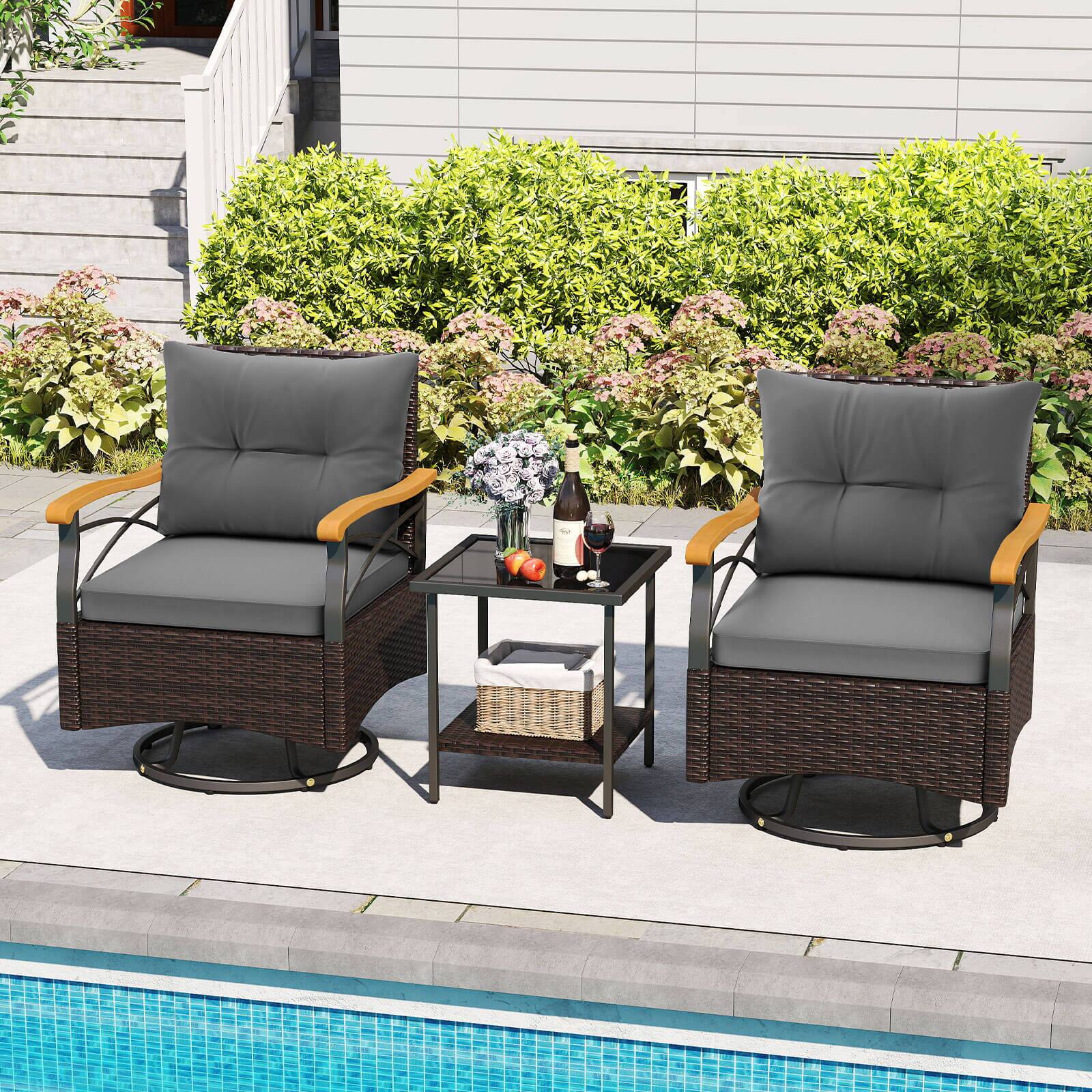 Alt View 1. Costway - Costway 3 PCS Outdoor Swivel Chair Set with 2-Tier Tempered Glass Side Table Cushions - Gray.