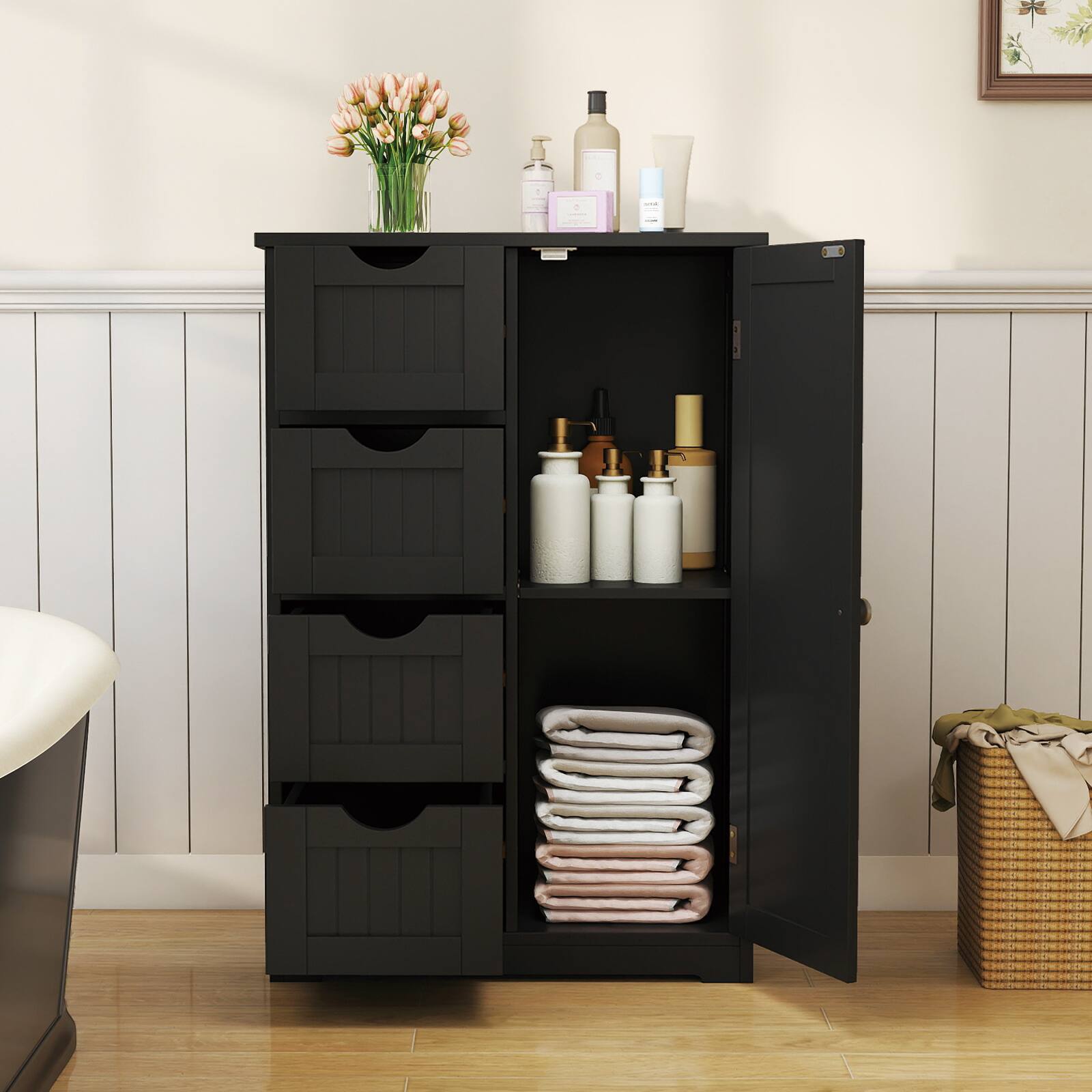 Alt View 1. Gymax - Gymax Bathroom Cabinet Floor Standing Storage Cabinet w/ 4 Drawers - Black.