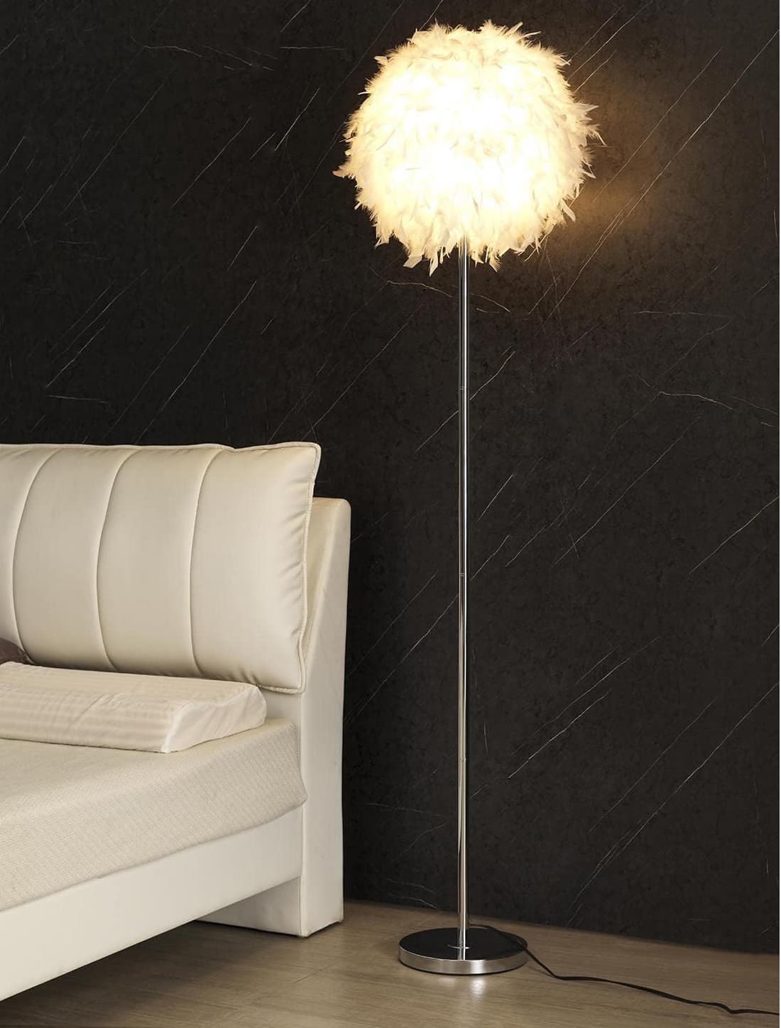 Alt View 3. FINEAK - Elegant White Feather Floor Lamp - Standing Lamp with In-Line On/Off Switch - White.